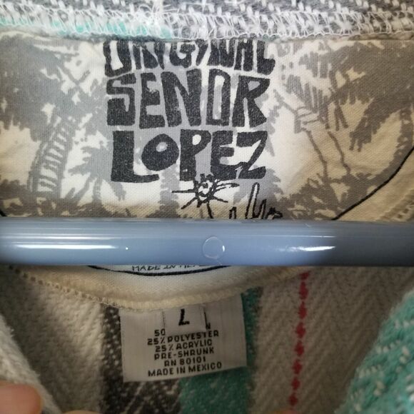 Original Senior Lopez Mexican Baja Hoodie Size L Drug Rug Hippie Poncho Striped - Picture 6 of 8